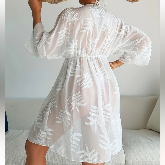 White Leaf Print Embroidered Beach Cover-Up Dress - Picture 2 of 5
